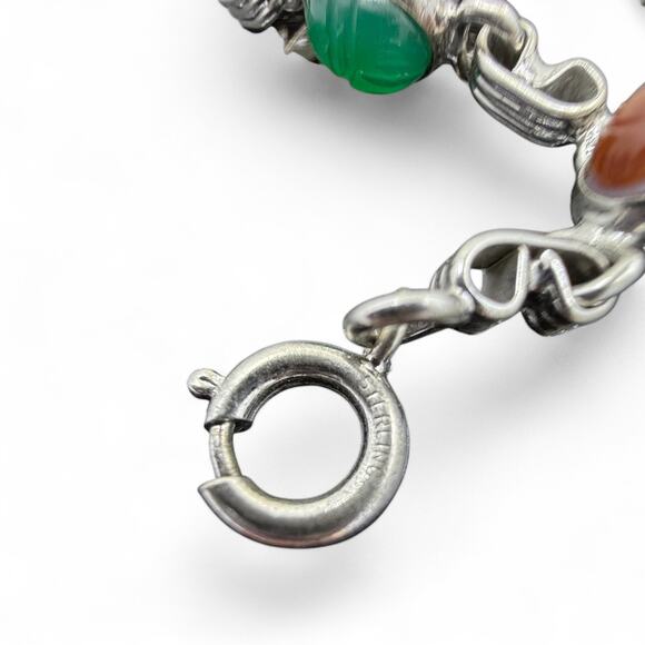 Vintage Gold Filled Scarab Bracelet Genuine Stones Chalcedony Onyx Tiger Eye - Picture 8 of 8